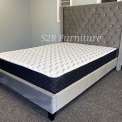 Queen Grey Wingback Bed With Ortho Mattress Included!!