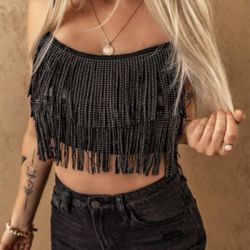 Fringe Rhinestone Crop Top Large 