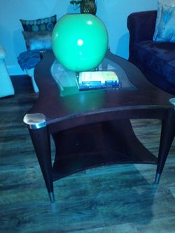 Brown Oakwood living room table nice glass set glass top nickel brush corners