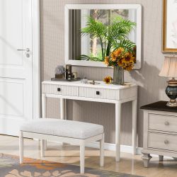Oulu Modern Vanity Desk Set with Mirror and Upholstered Bench Stool