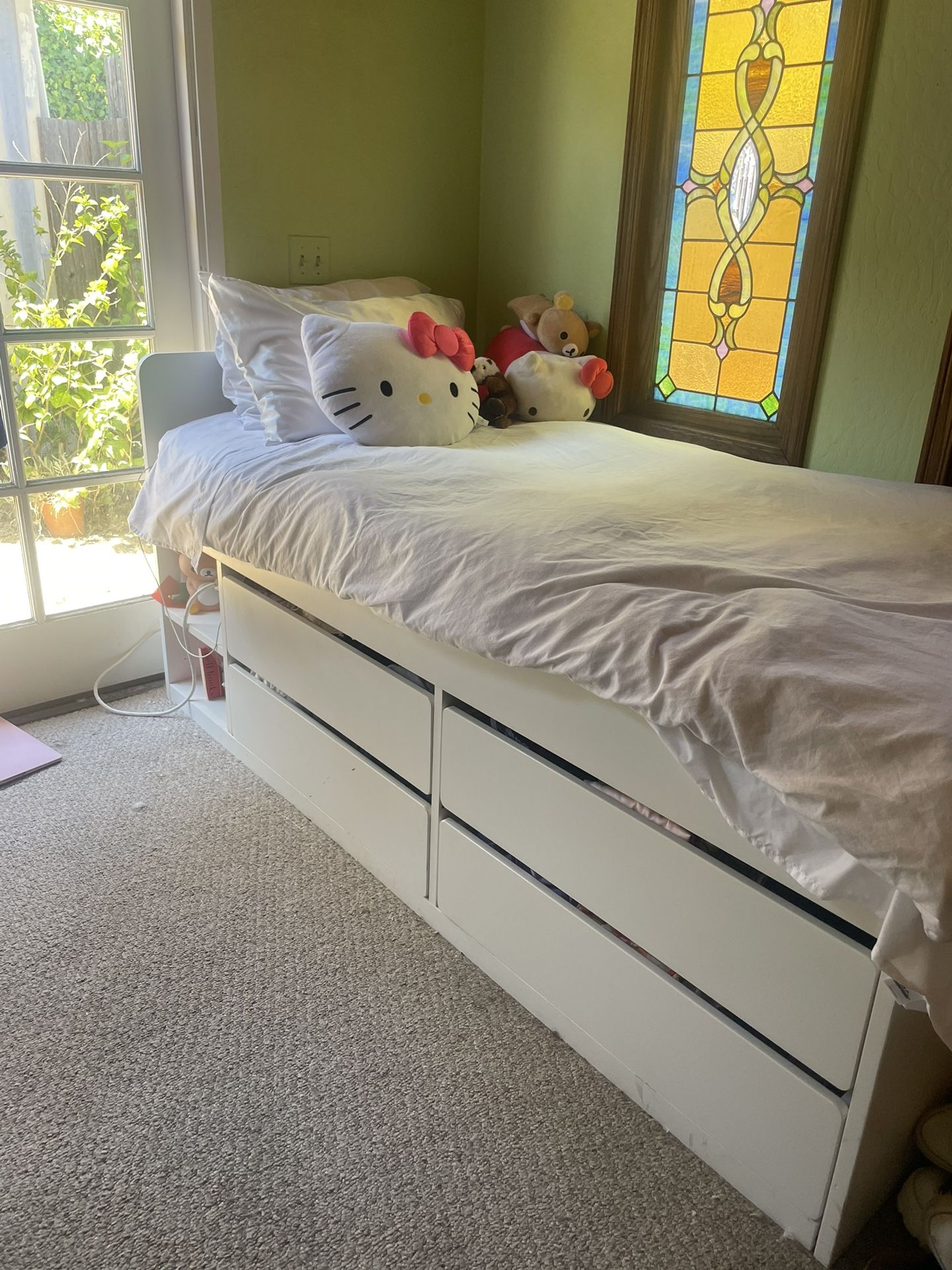 SLÄKT Bed frame w/storage+slatted bedbase, white, Twin