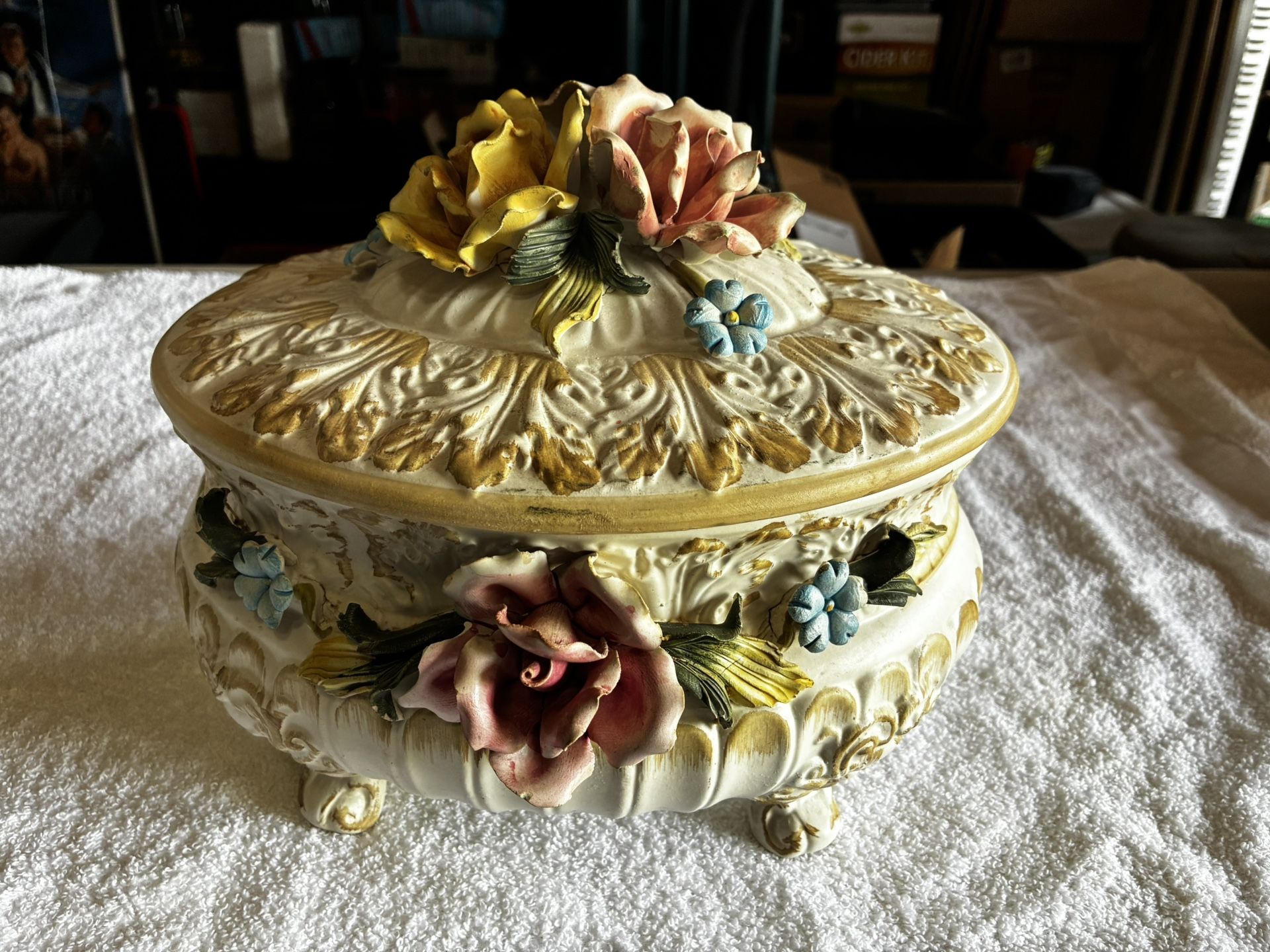 Vintage Capodimonte Porcelain Footed Majolica Covered Bowl with Flowers
