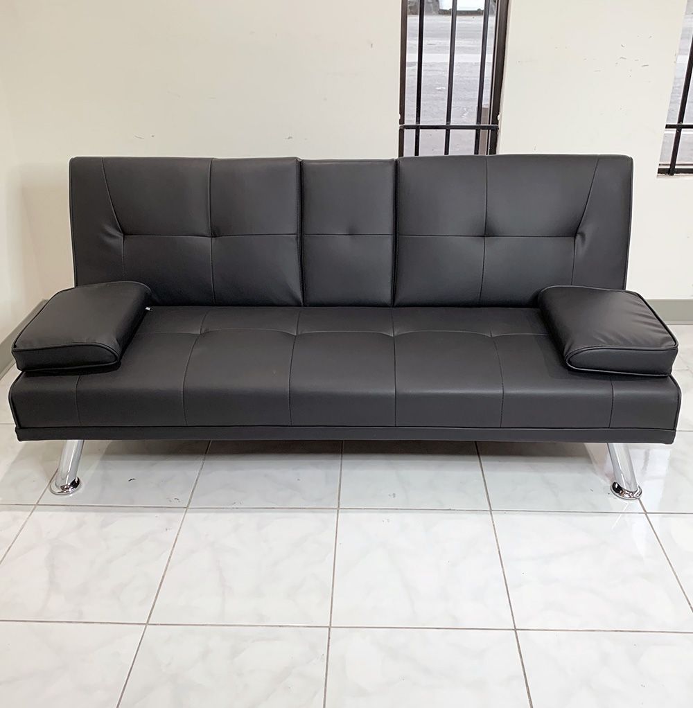 Brand New $155 Futon Folding Sofa Bed 65x30x31” PU Leather w/ Cup Holder 