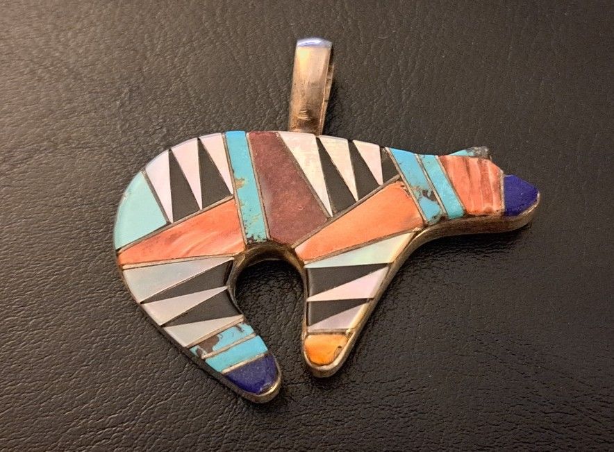 Sterling Silver Zuni Polar Bear Pendant Turquoise Coral Onyx MOP Lapis Stones 1900s Handmade