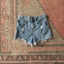 BDG Mid-Wash Blue Distressed High-Waisted Denim Shorts