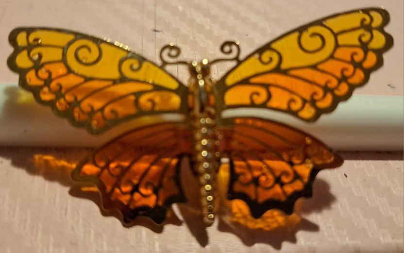 Vintage AVON Butterfly Pin. Amber Translucent Wings, Gold Tone.
