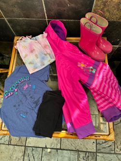 Girls size 6 bundle Spring/Fall Pajamas, Tees and Rainboots and Raincoat set