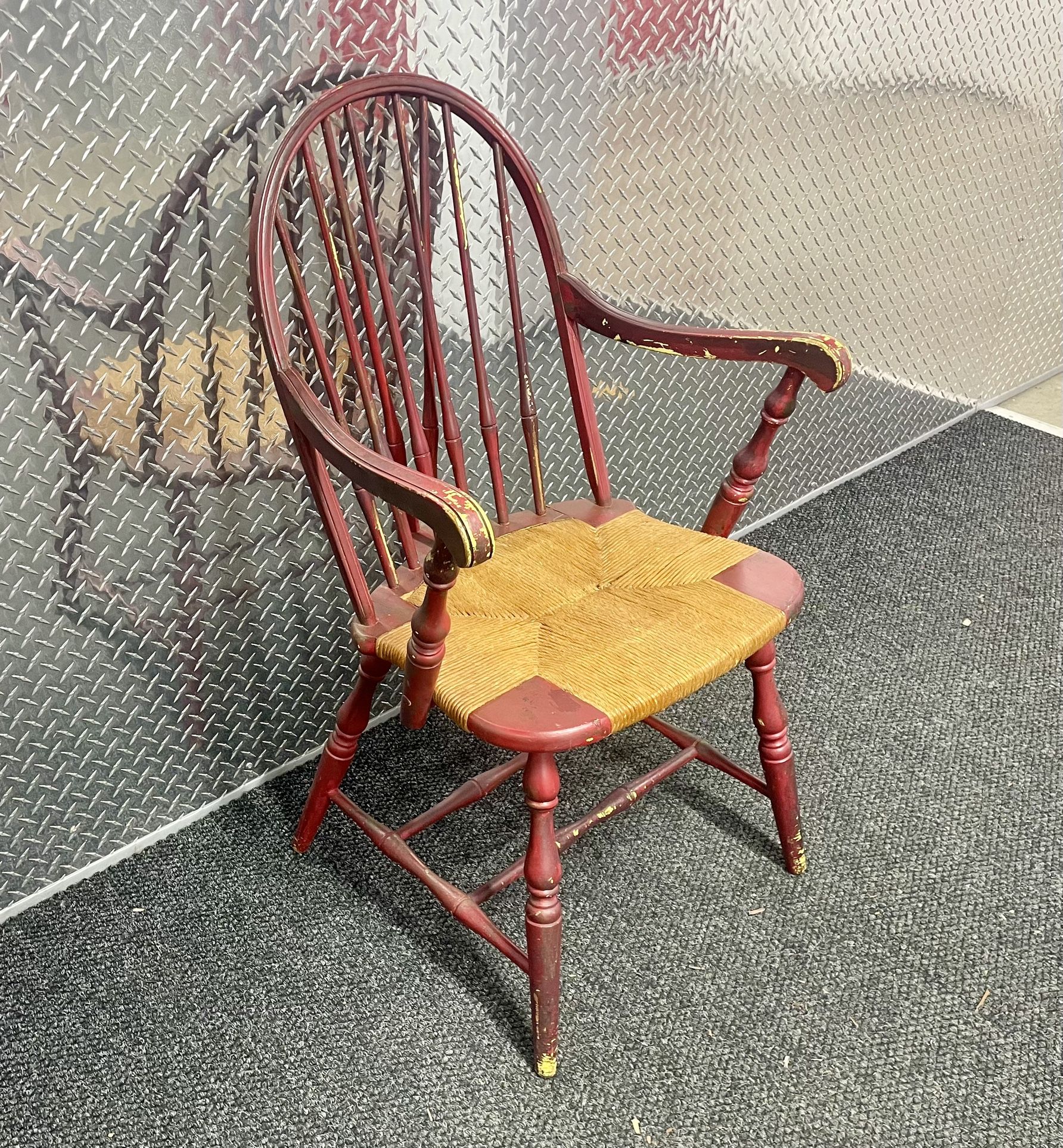 Antique Rare Early 1900’s Red Windsor Arm Chair with /Rush Seat (Needs TLC)