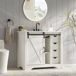 36 Inch Bathroom Vanity with Sink Combo, Farmhouse Single Sink Cabinet, Freestanding Modern Bathroom Storage Vanity Cabinet w/Sliding Barn Door, 4 Dra