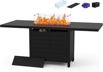 60 Inch Propane Firepit Table - Outdoor Rectangular Aluminum Fire Table w/Wind Guard - 50,000 BTU Gas Fire Pit with Glass Beads and Waterproof Cover