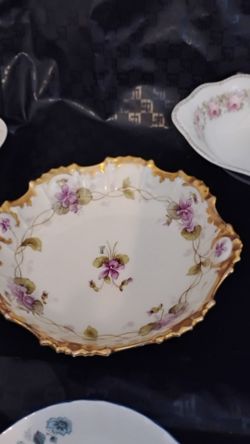 Antique W. Guerin Limoges France Porcelain Scalloped Dish | Hand Painted Violets Gold Rim