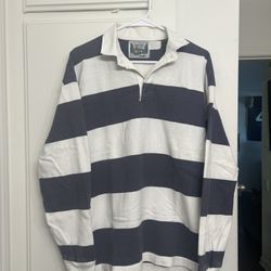 Faded Navy and White long sleeve striped collared shirt.