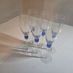 NEW (Unused) Set of 6 Elegant Blue Beaded Stem Champagne Flutes