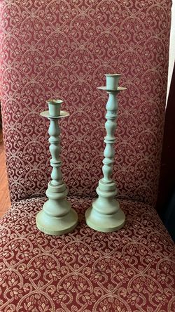 Pair of Sage Green Turned Candlesticks