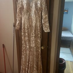 Gold Sequined Dress With Feathers For Prom