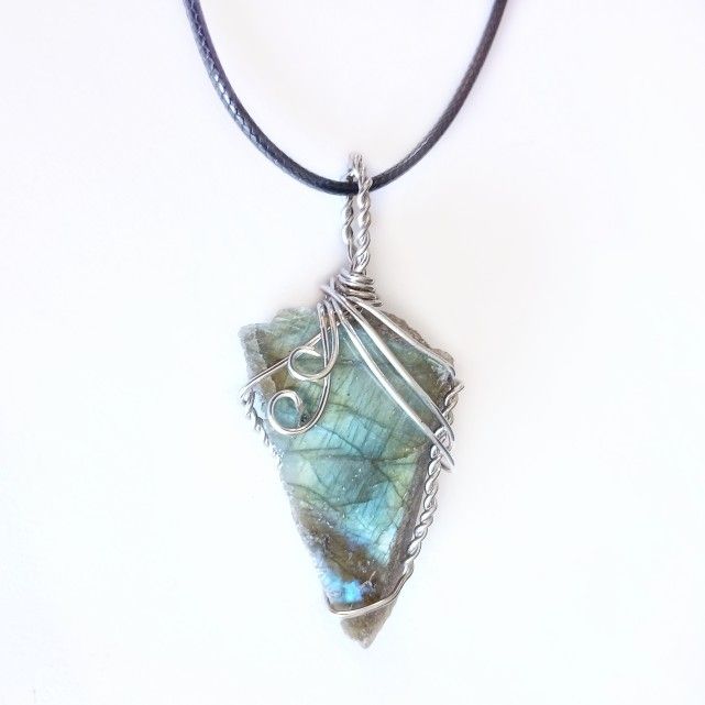 Labradorite wire wrapped crystal pendant on 20" black cord necklace handmade new