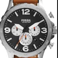 Fossil Black Dial Nate Chronograph Tan Leather Watch with Silver Case Mens Watch