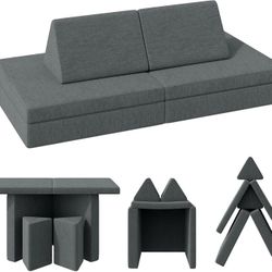 Modular Kids Play Couch, Convertible Folding Sofa with Removable Cover, Dark Gray