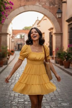 Yellow Short Puff Sleeve Mini Dress with Ruffles