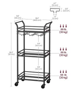 VASAGLE Bar Cart 3-Tier Shelf Wine Holders w/ Glass Holders - Black