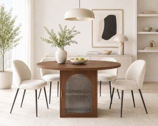 New Modern 47.2 Inch Round Dining Table with Storage, Walnut Pedestal Round Kitchen and Dining Room Table for 4–6, Ribbed Glass Doors, Space-Saving Ci