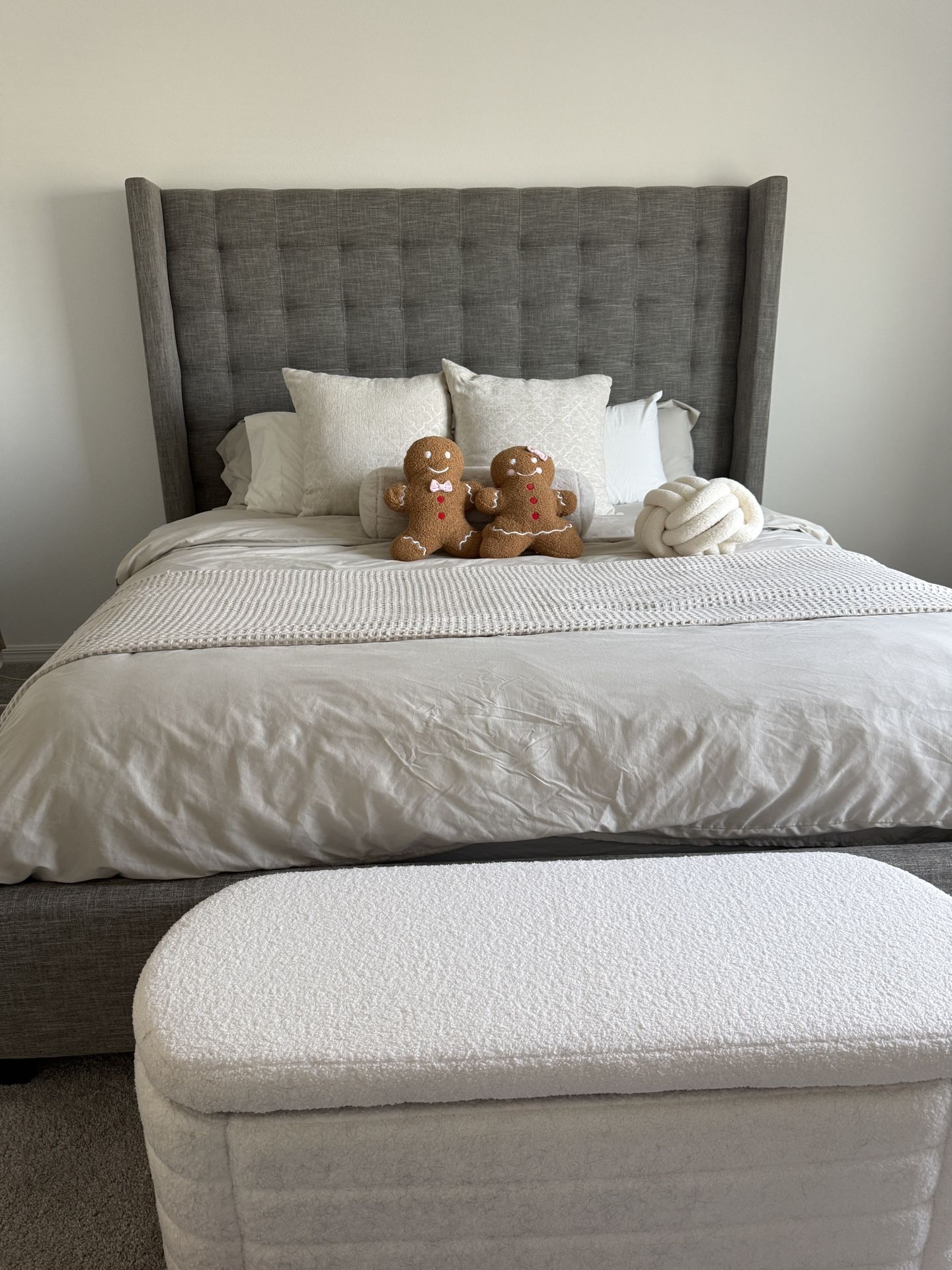 King Upholstered Bed Frame – Gray Fabric – Excellent Condition