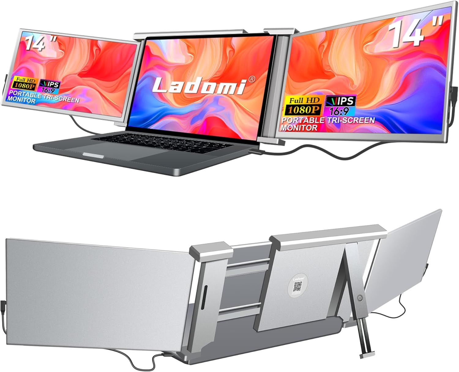 Ladomi Laptop Screen Extender, 14" FHD 1080P Dual Screen Monitor Work, 13.5"-16"