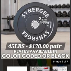 Synergies 2" opening Weight Plates - 45lbs to 10lbs Pairs