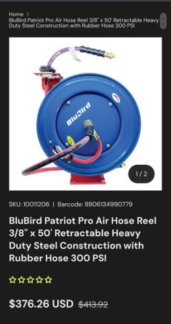 Air Hose Reel 3/8" x 50' Retractable Heavy Duty Steel Construction with Rubber Hose 300 PSI