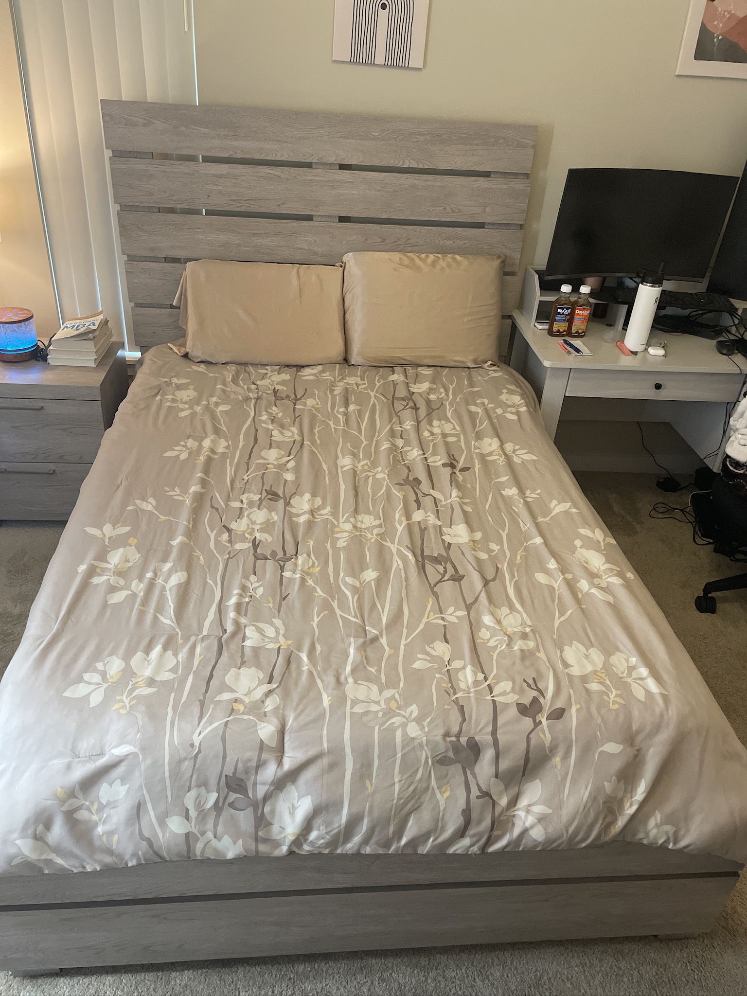 Modern Full Bed Frame with Headboard, Nightstand & Box Spring