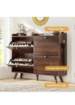 Walnut 4-Door Flip Shoe Storage Cabinet