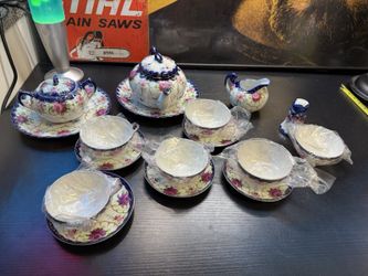 Nippon Hand Painted Tea Set Pink Roses Cobalt Blue Gold Porcelain