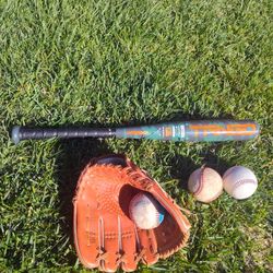 A Bat, A Leather Glove, And 3 Baseballs 