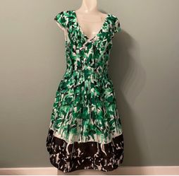 Kay Unger New York Green Black Silk Floral Fit & Flare Dress
