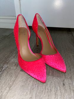 Neon Pink Crystal Embellished Pointed Toe Pumps