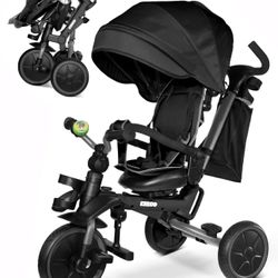 KRIDDO 8-in-1 Foldable Tricycle Stroller for Toddlers 18 Months to 5 Years, 5-Point Seatbelt, 1-Step Brake Pedal, Extended Canopy, Triple Footrest, Sa