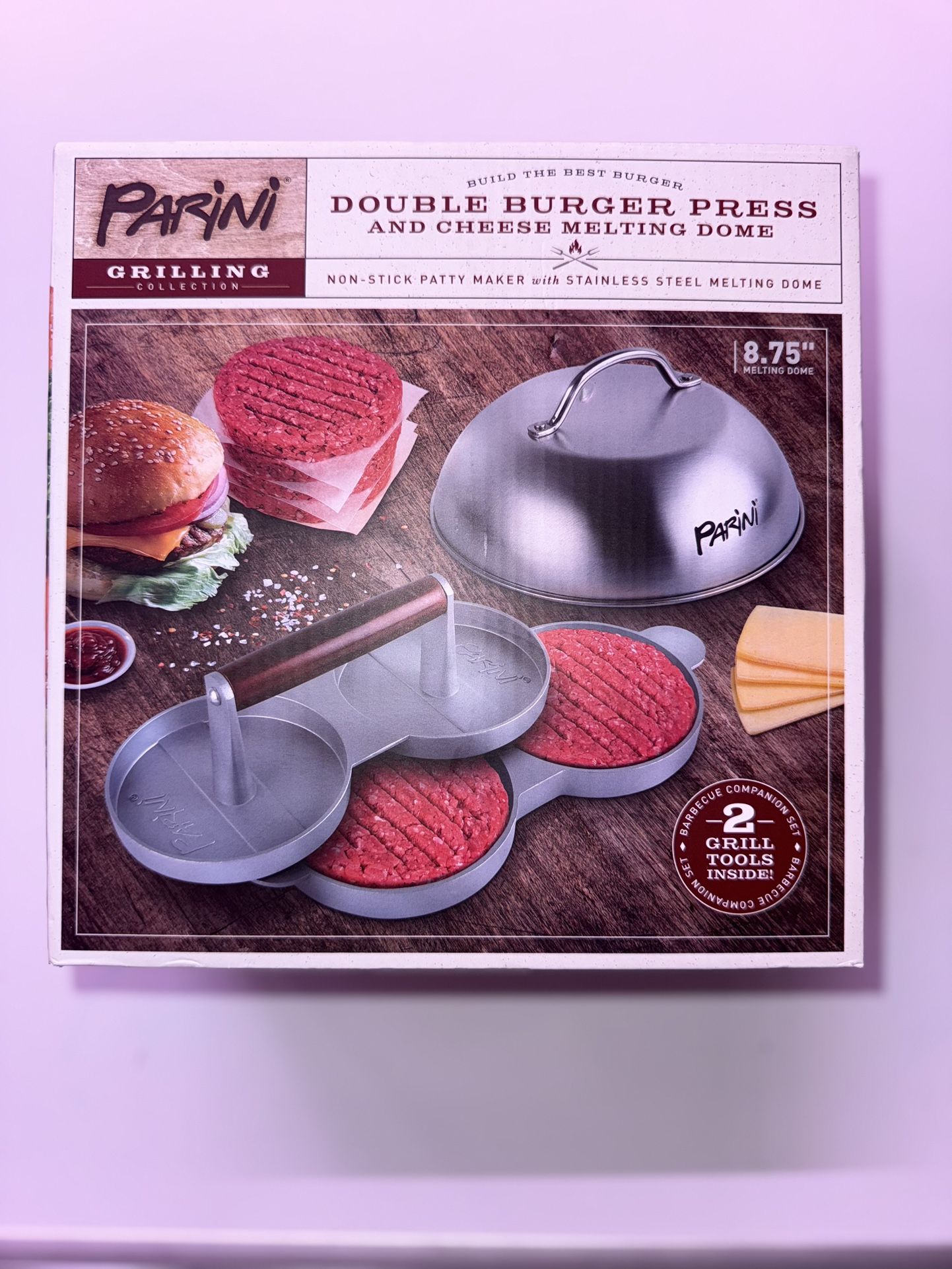 Burger Press & Cheese Melting Dome BBQ Tools Hamburger Patty Maker Double NIB