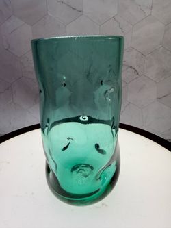 Set of (6) As-Is. Vintage teal green art glass drinking glasses. Mid-Century Modern "pinched" or "dimple" design often associated with makers like Ble