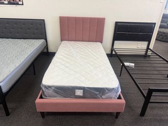 Pink Upholstered Single Bed Frame with Mattress