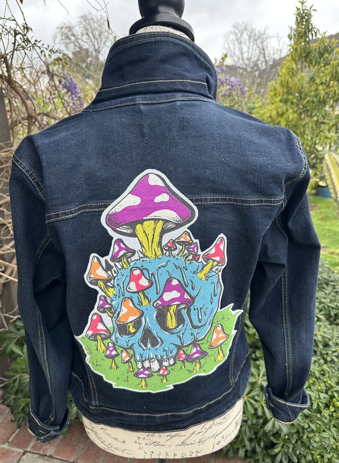 Women’s Denim Jean Jacket with Skull Mushrooms XL