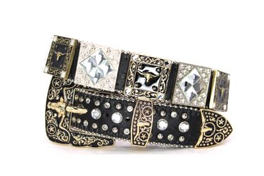 West Star Texas Western Belt Rhinestone Longhorn Cowboy Gold Black Brown for Pants 30