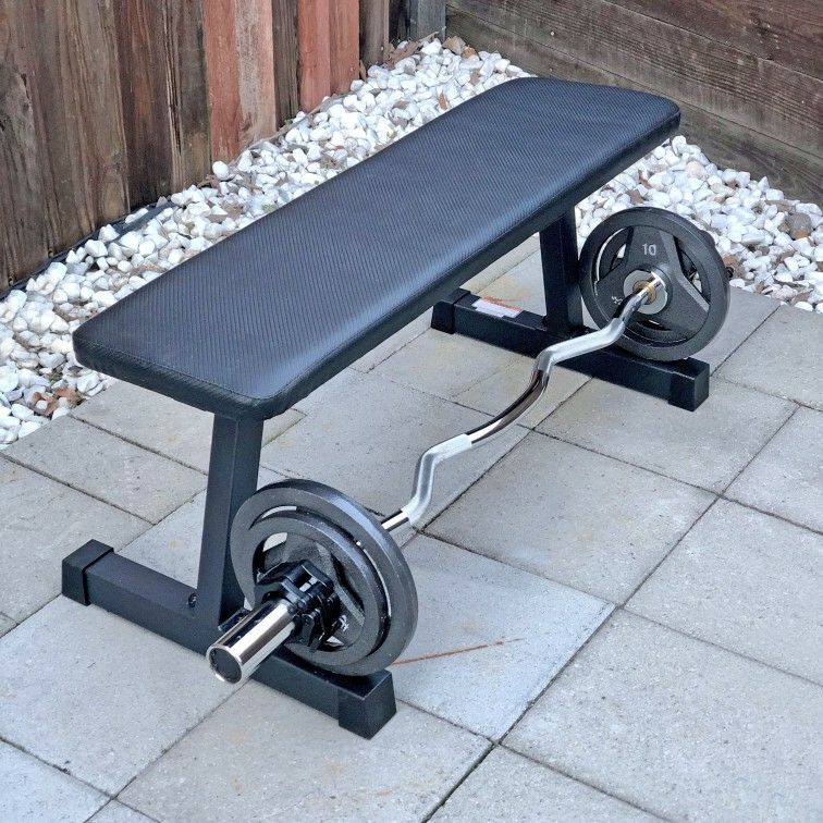 (Brand New) Flat Bench and Olympic Curl Bar with Weights