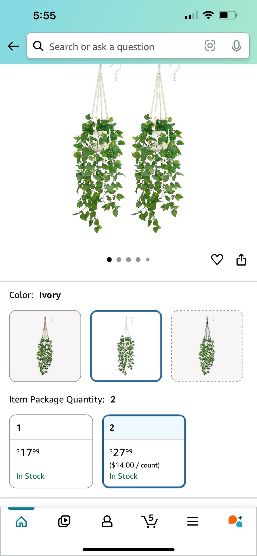 Mkono 2 Packs Fake Hanging Plant with Pot, Artificial Plants Macrame Plant Hanger Fake Vine Greenery for Bedroom Bathroom Home Office Decor