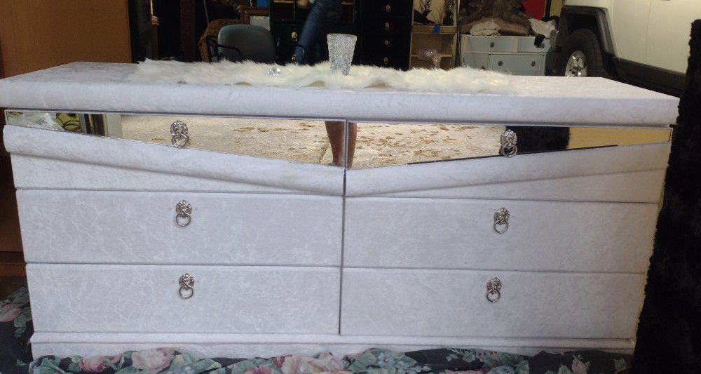 SALE! Lovely Large White Velvet Dresser W/Matching Nightstands $300