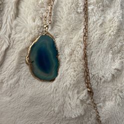 Blue Agate Slice Pendant Gold Plated Necklace 