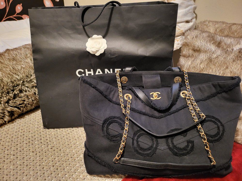 Black Chanel 30cm Canvas Shopping Bag