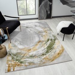 8/10 Brand New Modern Gray Gold Green Rug 