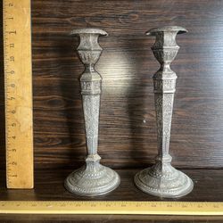 Pair 19th C. Derby Silver Plate 11.75" Candlesticks, Embossed Decoration, #2547