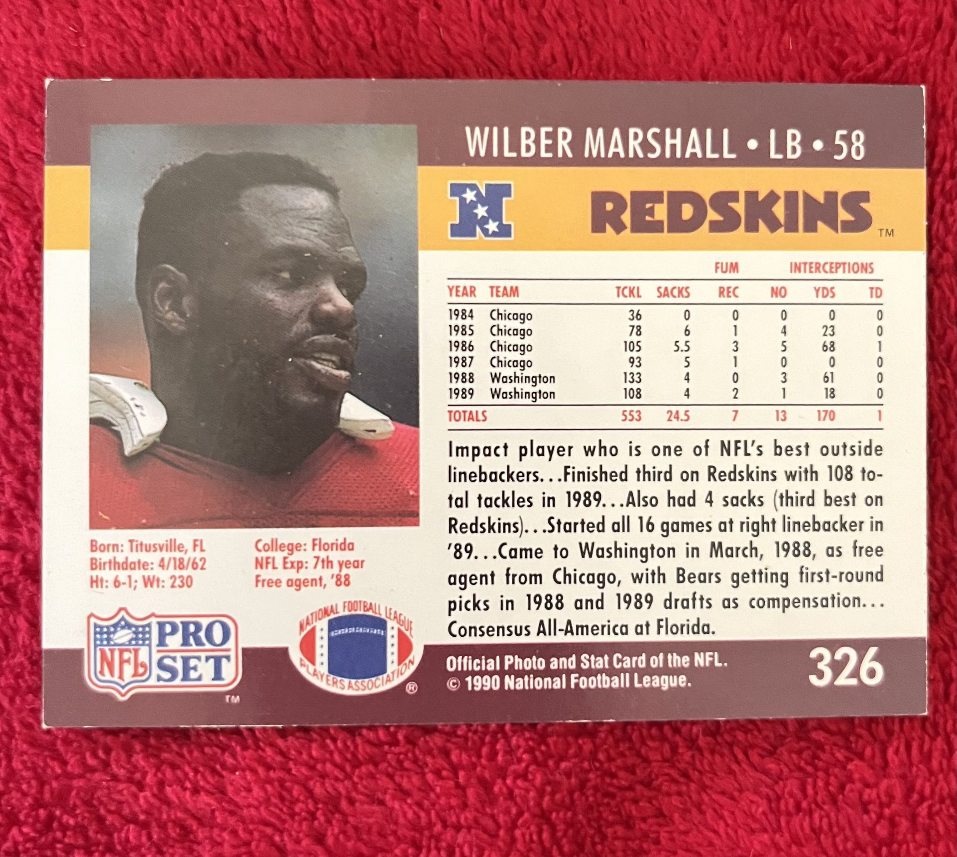 1990 Pro Set #326 WILBER MARSHALL Washington Redskins for Sale in Avon, OH  - OfferUp