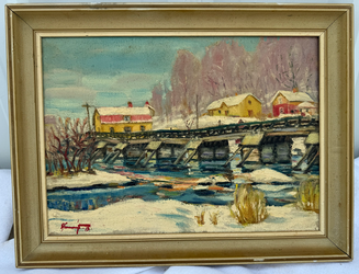 Vintage Signed 1953 Winter Landscape Oil Painting – Bridge & Farm Scene